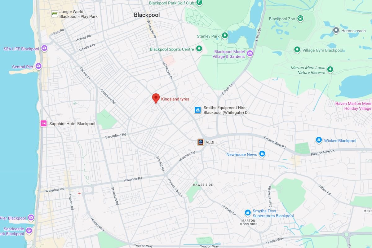Map showing Kingsland Tyres, Unit 2 Kingsland Grove Blackpool